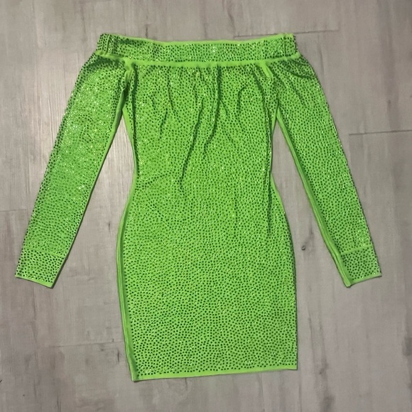Lime Green Neon off Shoulder Rhinestone Dress 🥳 - Picture 9 of 11